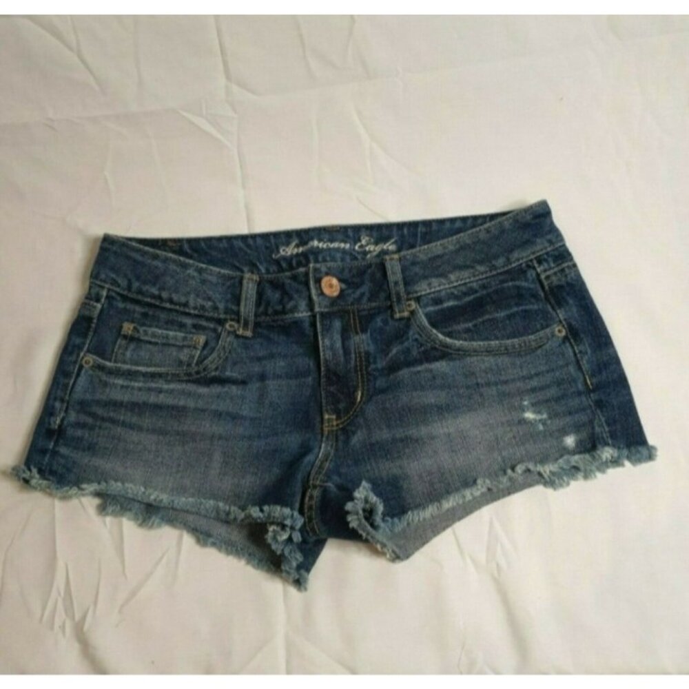 American Eagle Jean Shorts‎ Sz 6 Frayed Distressed Blue Cutoff Bootie Juniors